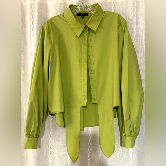 Lulus, Sunny Ties Lime Green Tie-Front Long Sleeve Button-Up Top. Sz. L - Picture 6 of 15